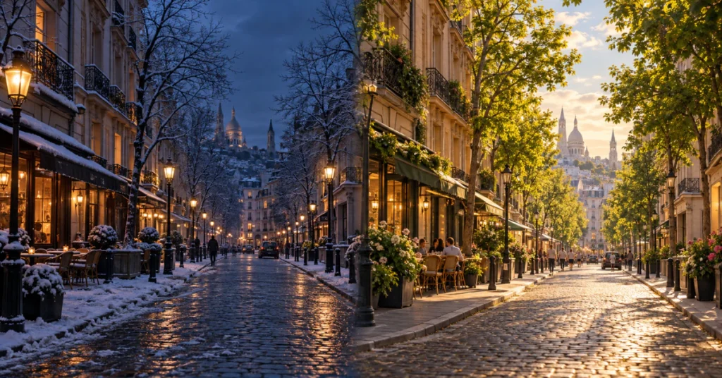 The same street in winter dusk and summer daylight, showing how evening changes with the seasons