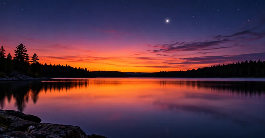 Twilight sky over a calm lake, fading from orange at the horizon to deep blue with the first stars
