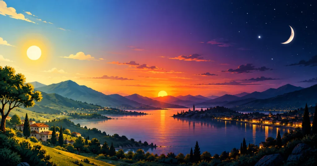 Illustration of the day moving from afternoon sun to evening sunset to a night sky with moon and stars