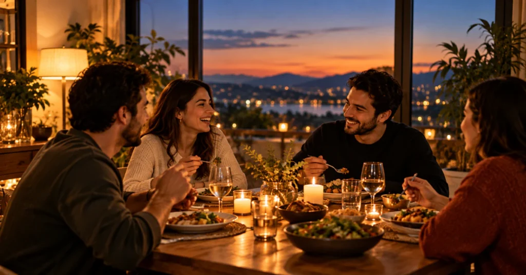 Friends sharing dinner by warm lamplight while dusk settles outside the window