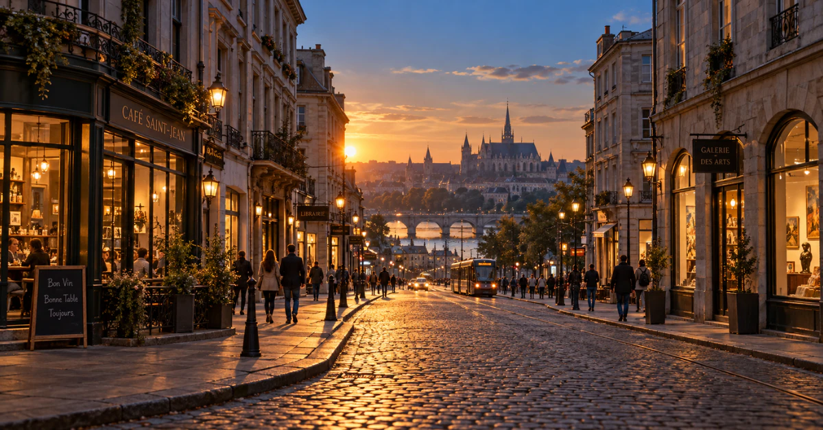 City street in warm golden light as the afternoon turns into evening